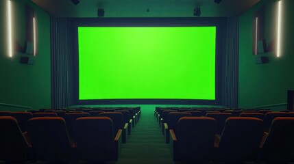 A cinema hall with empty seats and a large green screen for film production.