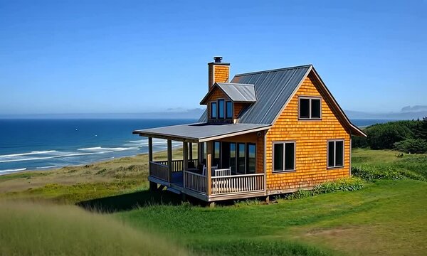 A charming yellow cottage with a porch overlooking the ocean.