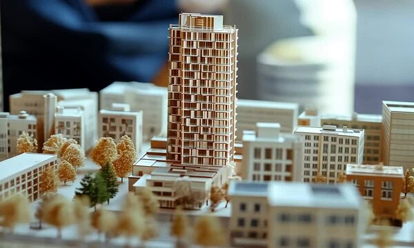 A close-up shot of a miniature model city with a tall building in the center surrounded by smaller buildings and trees.