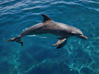 Fototapeta premium A dolphin floating gently near the ocean’s surface, resting in the tranquility of the deep blue sea.