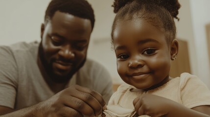 Family moment of both parents supporting their daughter in her milestone of tying shoelaces.