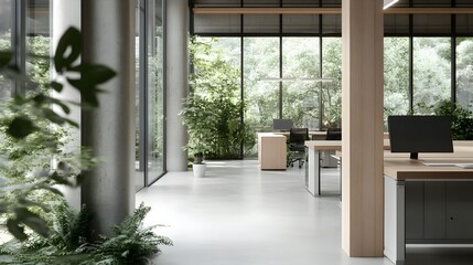 Fototapeta premium Bright and Airy Modern Office Space with Desk and Greenery