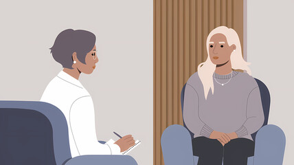 Obraz premium Therapy Session: Therapist and Client in Room with Beige Wall and Wooden Panel