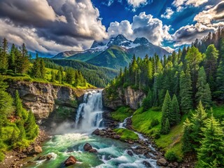 From above, a dramatic waterfall carves through the BC wilderness.