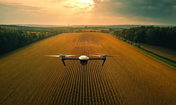Drone flying over a field of crops at sunset.