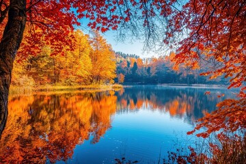 Obraz premium Serene Lake Surrounded by Autumn Trees