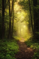 Obraz premium Tranquil Forest Path with Sunlight Streaming Through Trees
