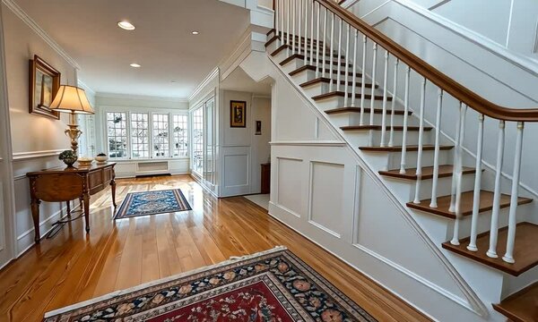 A grand, white-walled entryway with wooden staircase,  oriental rug, and a small bench.