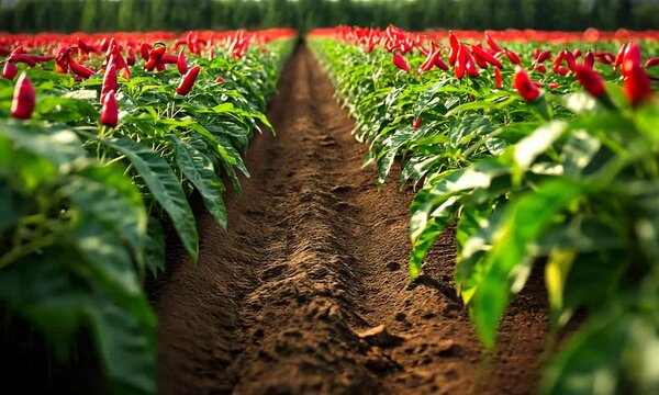 A close-up view of a row of red chili peppers growing in a field, with the focus on the dirt path between the rows.