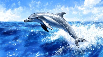 Obraz premium Dolphin Jumping Out of the Water with Splash and Blue Sky
