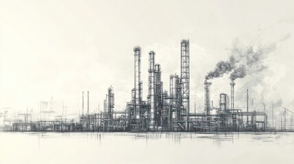 Fototapeta premium Industrial complex with smokestacks and structures, depicting manufacturing processes.