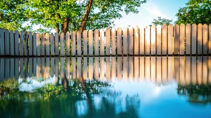 Fototapeta premium Backyard with standing water reflecting the surrounding trees and sky, capturing the serene beauty of nature's reflection and the tranquility of a still moment.
