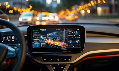 Close-up of a car's dashboard at night with a digital display showing a city skyline and traffic flow. - Powered by Adobe