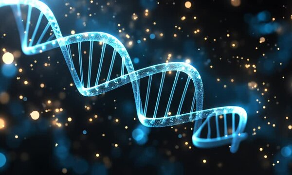 Blue glowing DNA helix on black background.