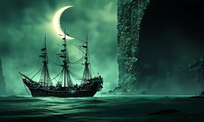 An old sailing ship with three masts sails toward a dark stone archway on a stormy night. The crescent moon hangs high in the sky and the water churns around the ship.