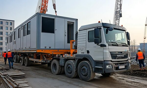 A large white semi-trailer truck hauls a large modular building unit on a construction site.