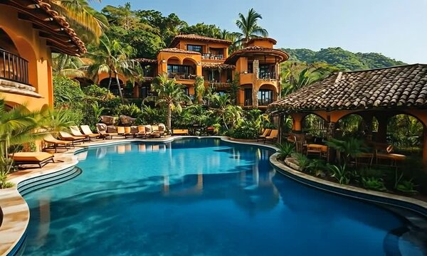 A luxury resort with a winding pool, surrounded by lush vegetation and terracotta buildings.