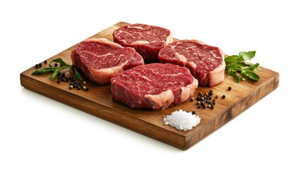 Raw marbled beef steaks on a wooden cutting board, ready for preparation, with salt and pepper beside it, set on a white background. Rich and fresh.