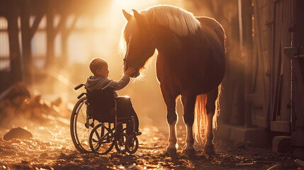 Child in Wheelchair Embracing Horse in Sunlit Barn Loving Moment of Compassion and Healing