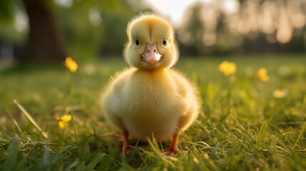 Adorable baby peachick with soft yellow down and tiny beak stands on grass, looking curiously at the camera 