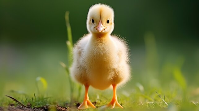Adorable baby peachick with soft yellow down and tiny beak stands on grass, looking curiously at the camera  