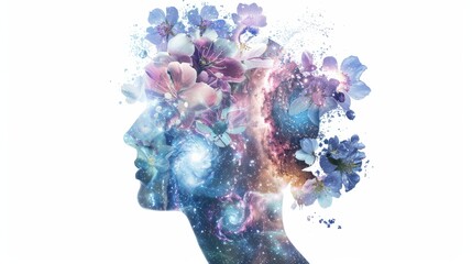 a human head filled with blossoming flowers and swirling galaxies, representing the fusion of consciousness and the universe