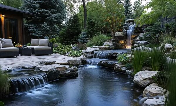 Tranquil backyard oasis with a cascading waterfall and patio seating.