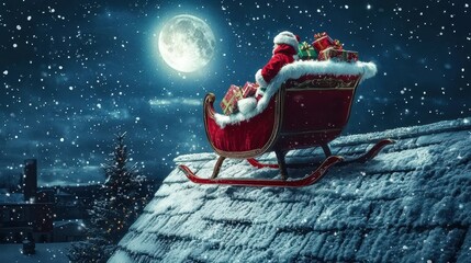Fototapeta premium Santa's Sleigh on a Snowy Rooftop Ready for Delivery