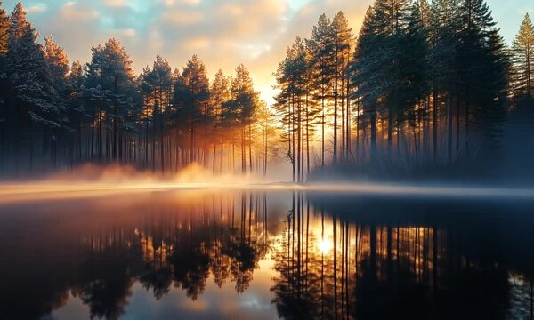 A misty sunrise over a lake with a reflection of the sun in the water, surrounded by trees in a forest.