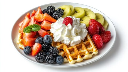 A brunch platter with waffles, fresh fruit, and whipped cream, presented on a clean white background. Bright and indulgent.