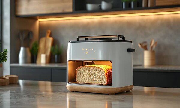 A modern white toaster with a wooden base on a countertop, with a slice of toasted bread inside, and steam rising from it. The kitchen is out of focus in the background.