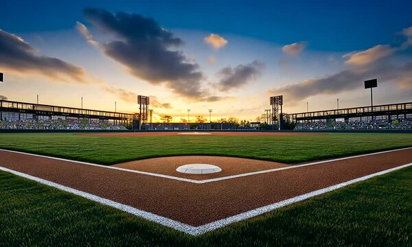 Baseball field with a sunset sky in the background.