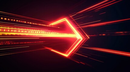 Abstract red neon light arrow speed background. Futuristic glow tech gamer graphic for banner. Fast move cyber casino design with yellow led beam. 3d triangle perspective dynamic digital party bg. 