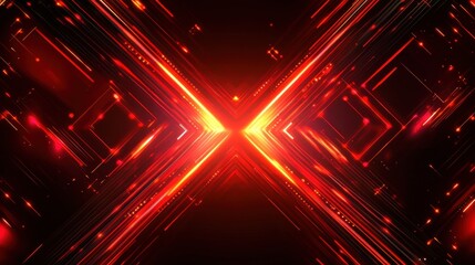 Abstract red neon light arrow speed background. Futuristic glow tech gamer graphic for banner. Fast move cyber casino design with yellow led beam. 3d triangle perspective dynamic digital party bg. 