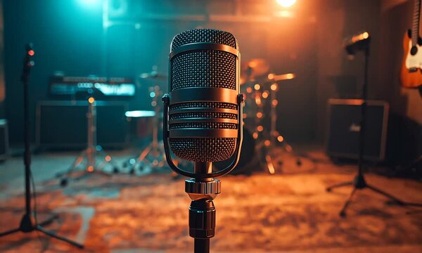 A vintage microphone stands in the middle of a recording studio.