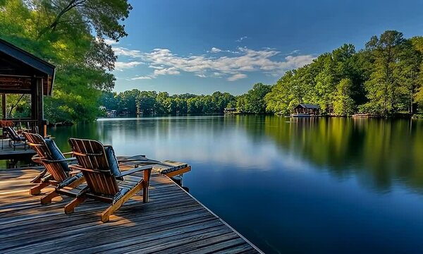 Two wooden chairs on a wooden dock overlooking a calm lake with lush greenery and blue sky.