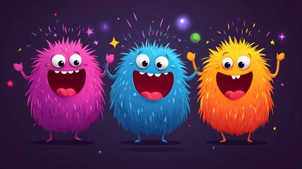 Obraz premium Happy Colorful Furry Monsters Partying with Confetti