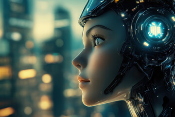 Woman in futuristic city with helmet, gazing up in awe as holographic displays and flying hovercars dominate the skyline.