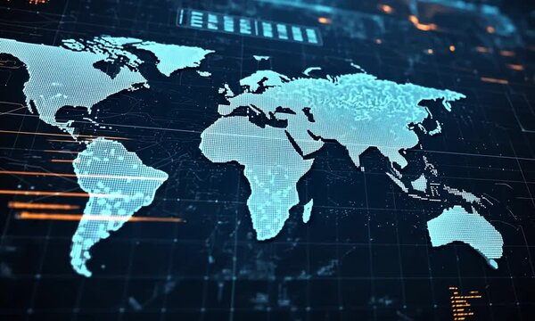 A digital map of the world with glowing blue dots and orange lines representing connections.