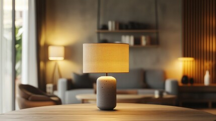 A ceramic-based modern table lamp with a geometric shade, adding a touch of elegance to a minimalist dining room setup.