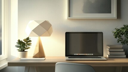 A chic modern table lamp with a ceramic base and a geometric lampshade, adding an artistic touch to a minimalist workspace.