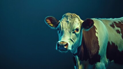 A cow with unique markings, standing proudly against a deep blue background, showcasing its individuality and beauty in livestock photography.