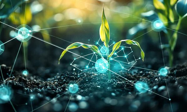 A single corn seedling sprouts from rich dark soil with sunlight filtering through the leaves.