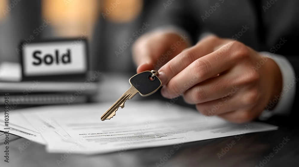 Aufkleber real estate agent handing over keys to a new homeowner with a sold sign and a stack of paperwork and