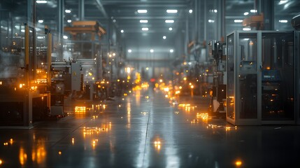 Vibrant Industrial Warehouse Scene with Reflective Floors and Glowing Lights