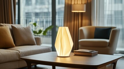 Fototapeta premium A stylish geometric-shaded table lamp with a glossy ceramic base, casting soft light on a modern coffee table.
