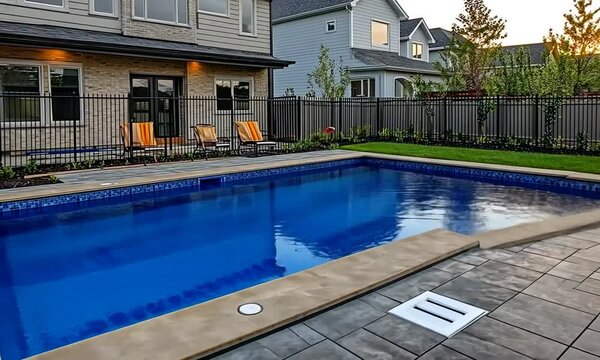 A backyard pool with a stone deck and a fence in the background.