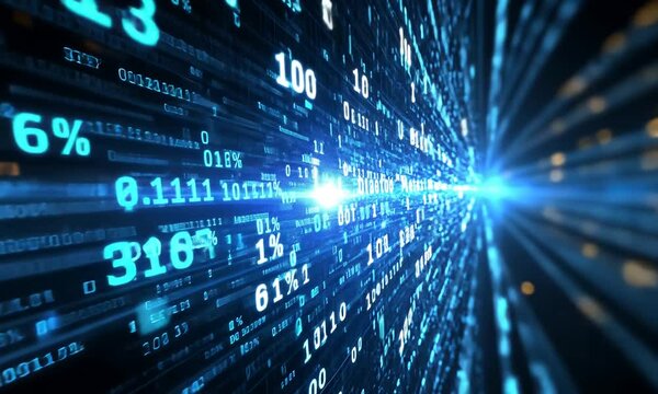 Abstract digital code pattern with glowing blue numbers and a bright light at the end of the tunnel.