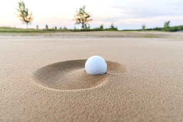 A golf ball resting on a sandy surface