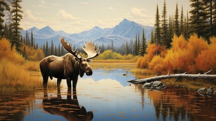 Stunning bull moose amidst a scenic natural backdrop picture  